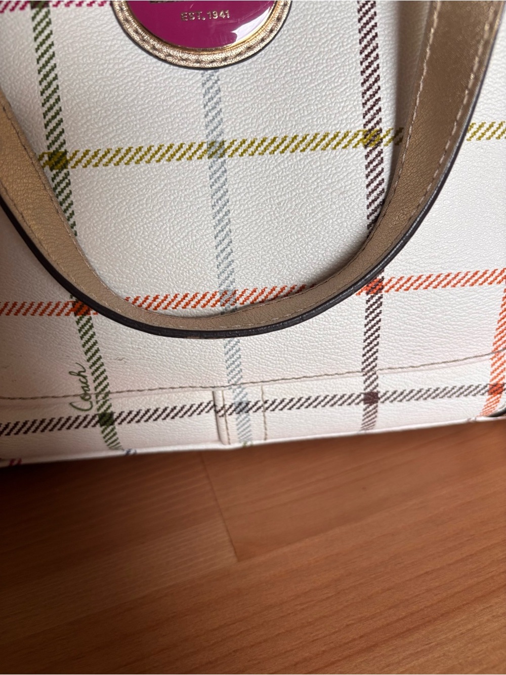 Coach White Plaid Tote with Gold Accents - Picture 7 of 15